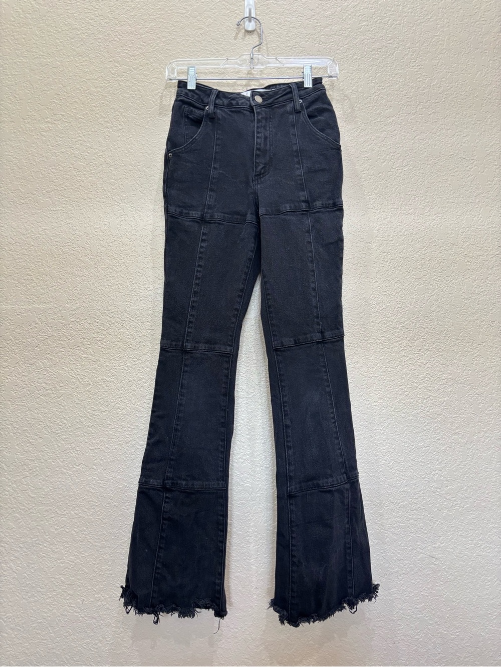 Tinseltown Juniors High Waist Stretch Denim Flare Jeans Frayed Black Rinse Sz 0